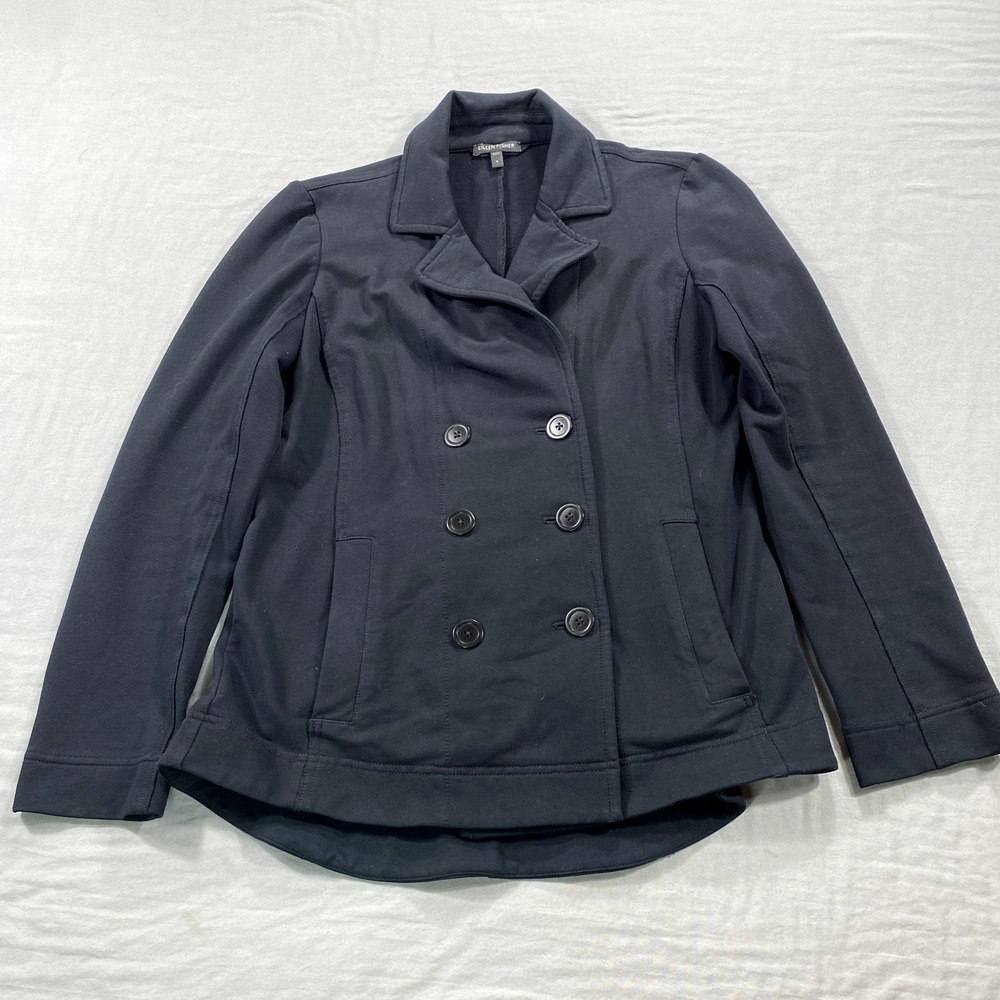 Eileen Ficher Jacket Womens Small Black Double Breated Stretch Pea Coat Casual